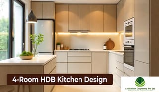 Modern 4-room HDB kitchen design in Singapore featuring matte finish cabinets, stone countertop, smart storage solutions, and neutral color tones — ideal for 2025 kitchen renovation inspiration.