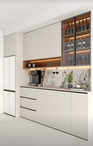 Pantry cabinetry with glass display shelves