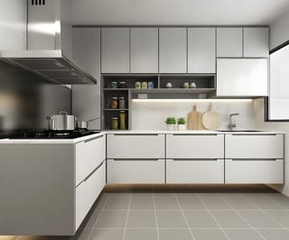White kitchen cabinetry with warm lighting, plants and wooden boards beside the sink