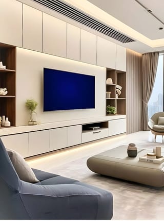 Light TV display cabinets with open shelves and a low console