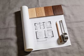 Wood veneer samples, a floor plan, a pencil and a measuring tape on a linen surface