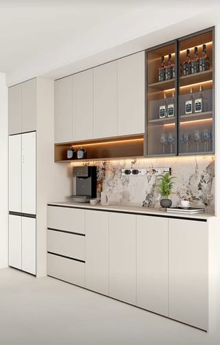 Pantry cabinetry with glass display shelves