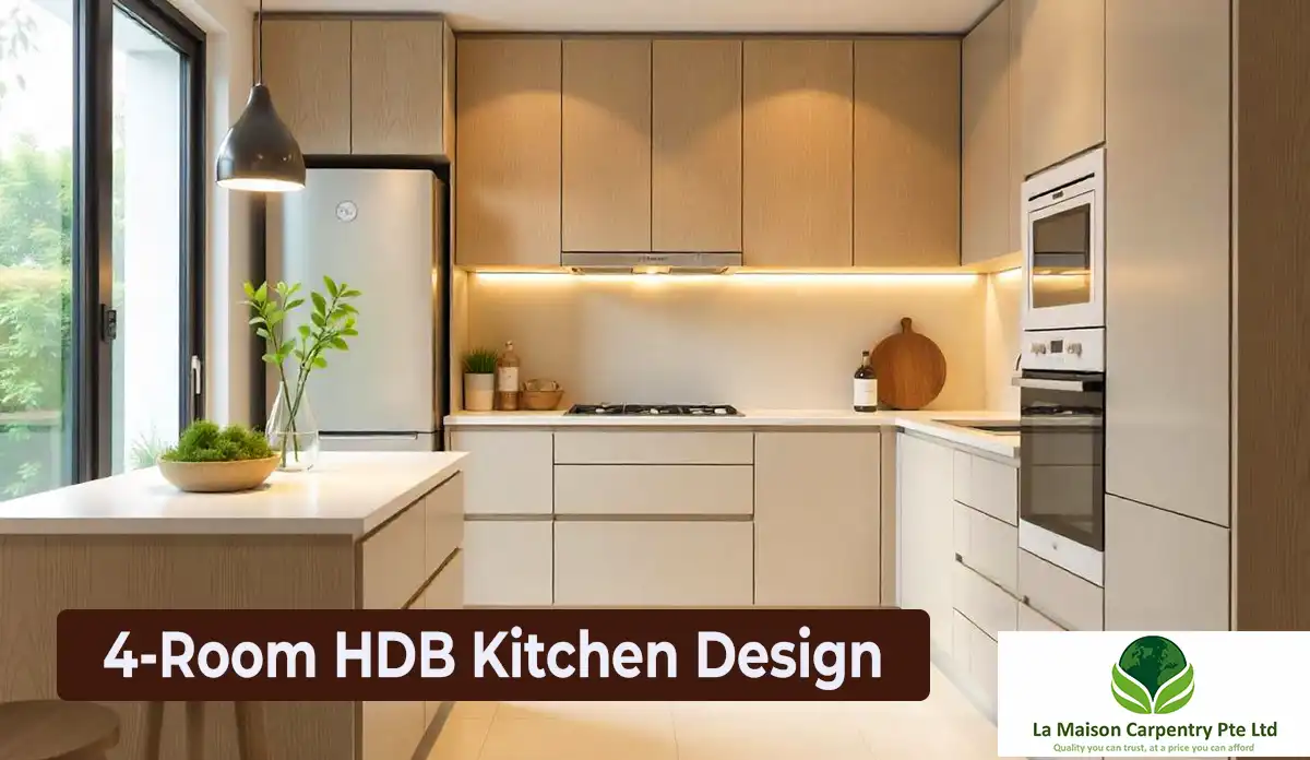 Modern 4-room HDB kitchen design in Singapore featuring matte finish cabinets, stone countertop, smart storage solutions, and neutral color tones — ideal for 2025 kitchen renovation inspiration.