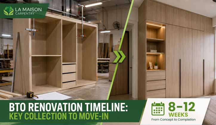 BTO renovation timeline Singapore — carpentry fabrication to move-in